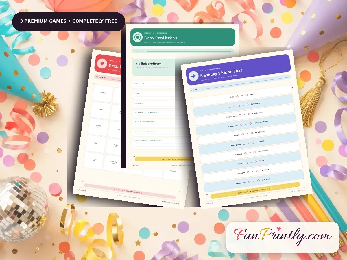 Three finished printable party games showing clean home-print quality.