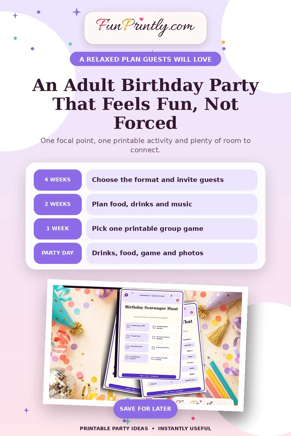Adult Birthday Party Plan That Feels Effortless printable party game guide for Birthday planning