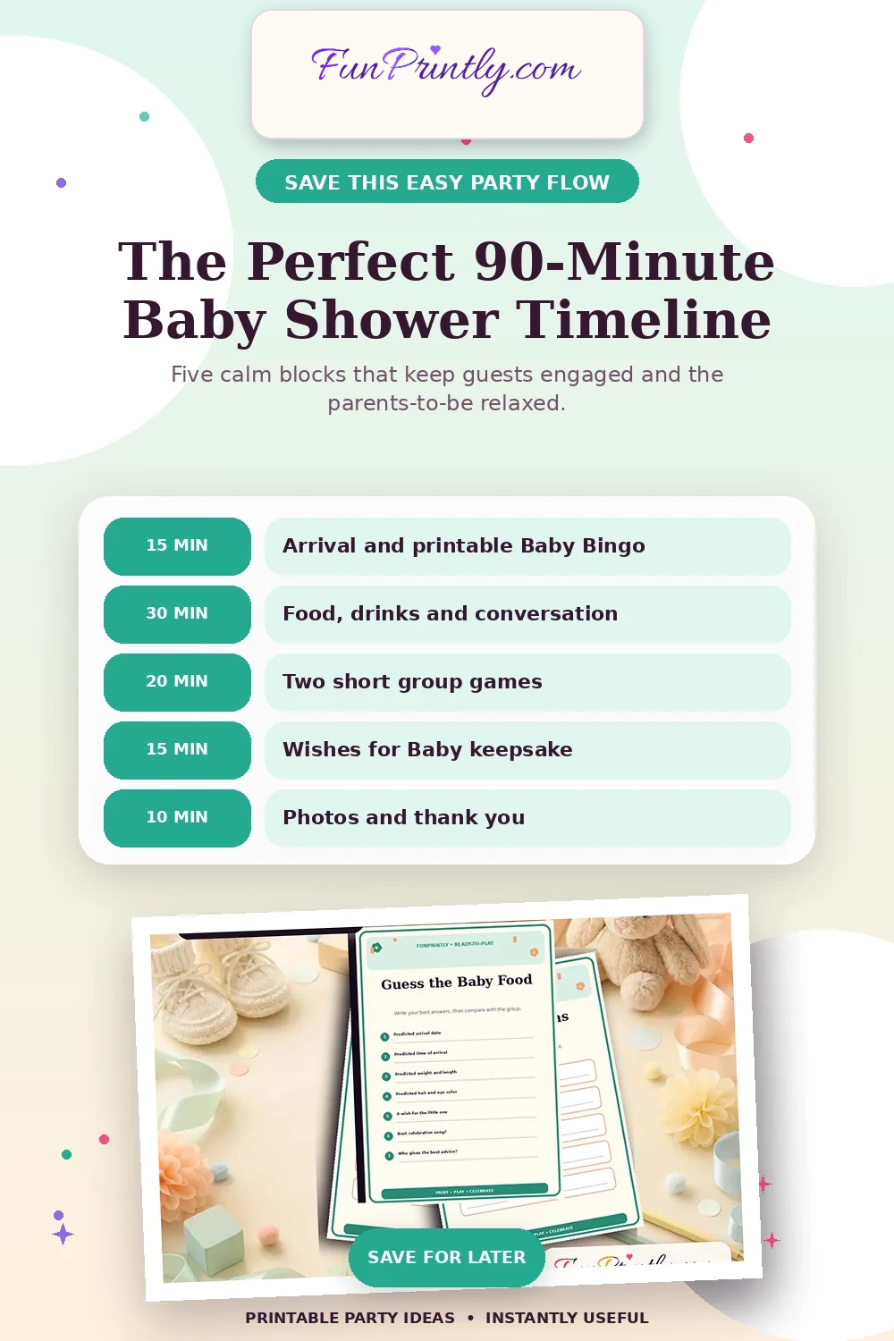 The Perfect 90-Minute Baby Shower Timeline printable party game guide for Baby shower ideas