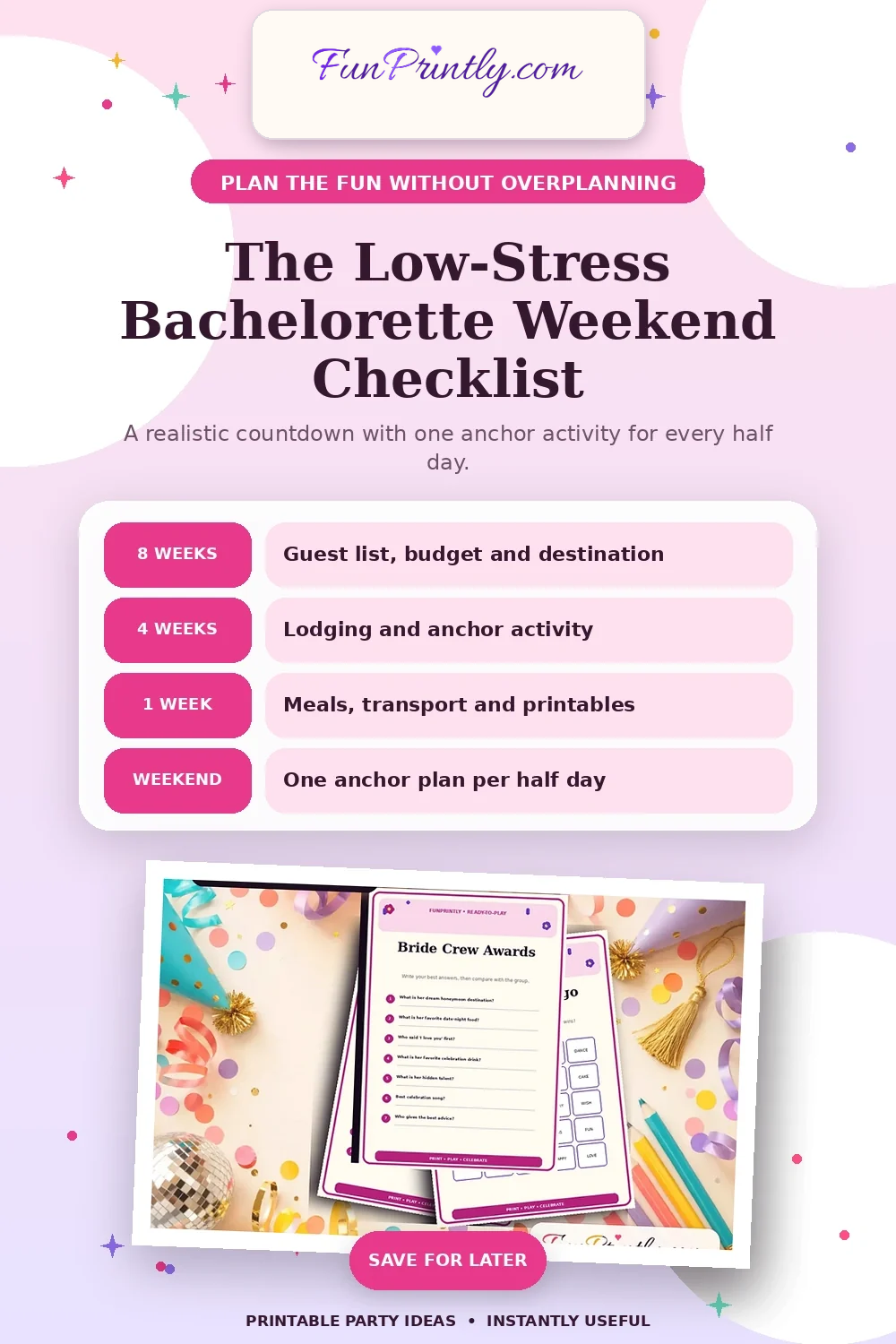 The Low-Stress Bachelorette Weekend Checklist printable party game guide for Bachelorette planning