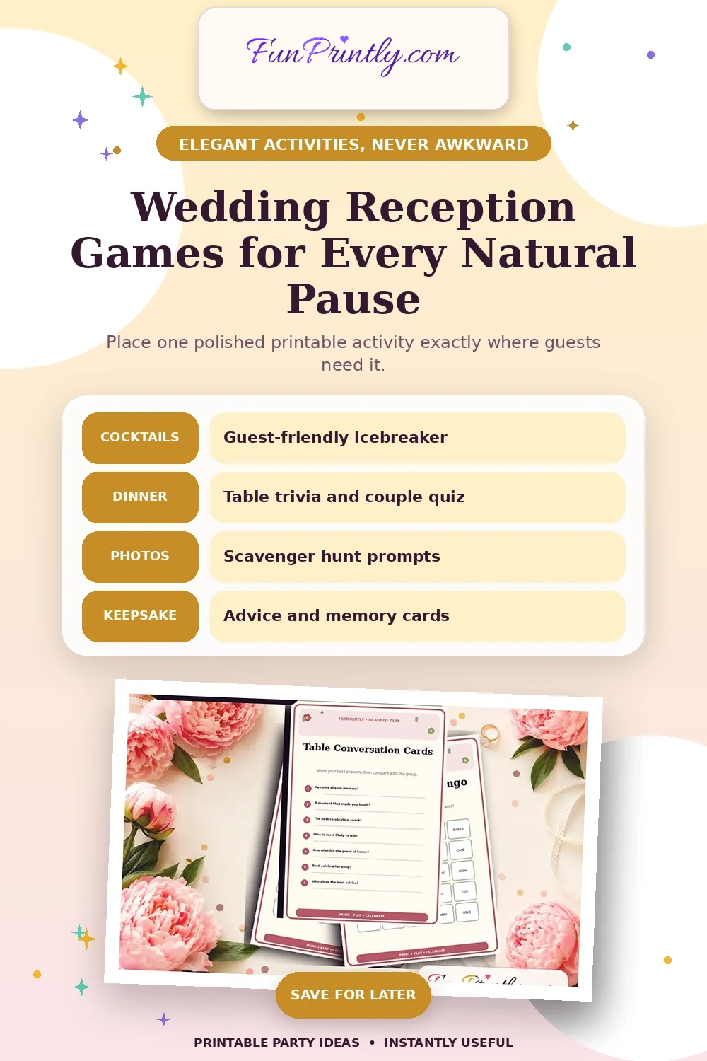 Wedding Reception Games for Every Natural Pause printable party game guide for Wedding reception ideas