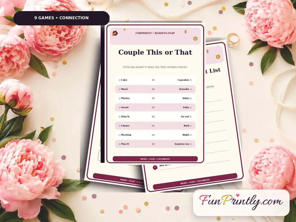 Anniversary & Couple Connection Pack preview showing real, filled game sheets on a celebration table