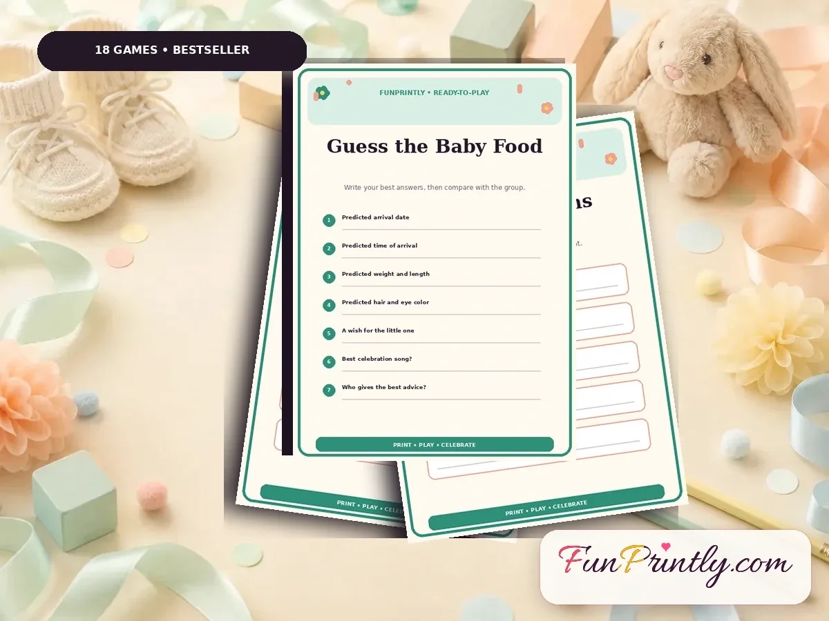 Baby Shower Complete Bundle preview showing real, filled game sheets on a celebration table