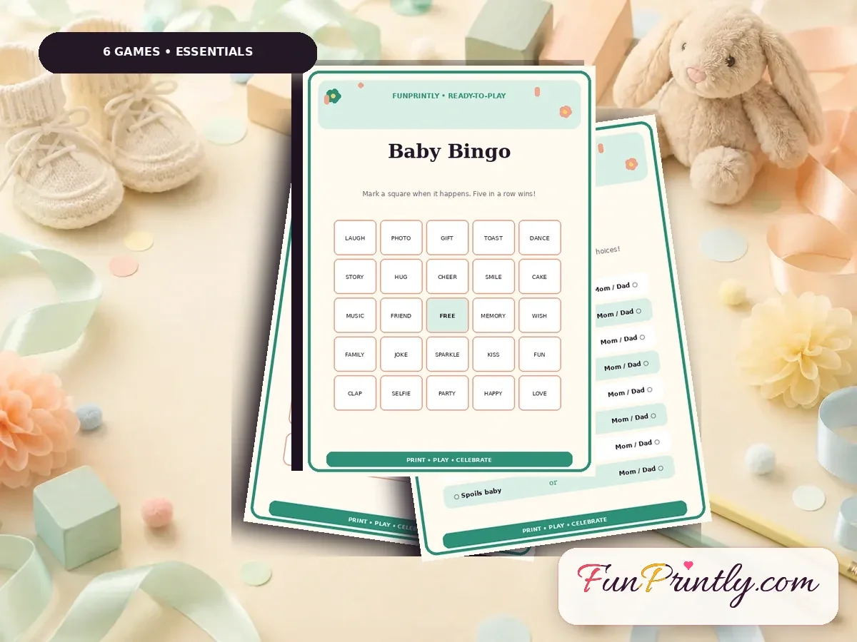 Baby Shower Essentials Pack preview showing real, filled game sheets on a celebration table