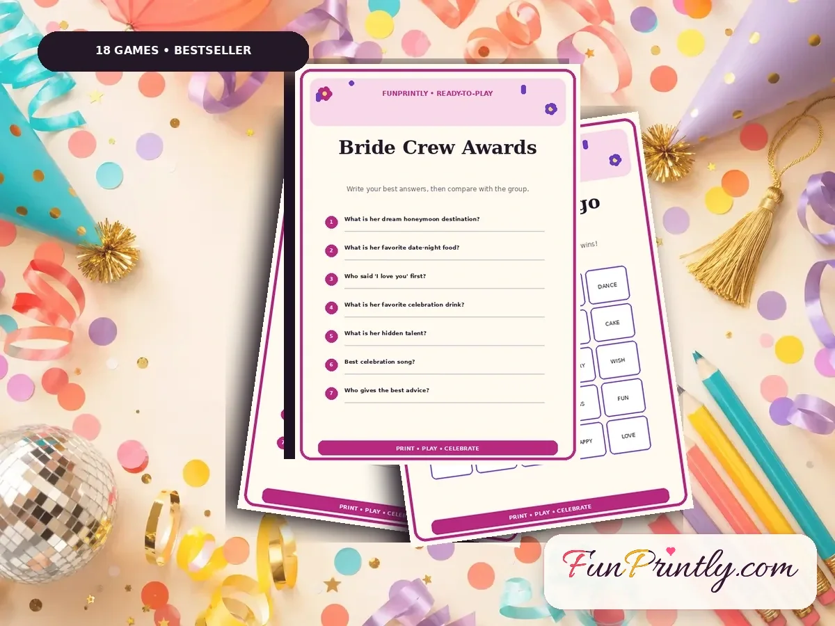 Bachelorette Party Complete Bundle preview showing real, filled game sheets on a celebration table