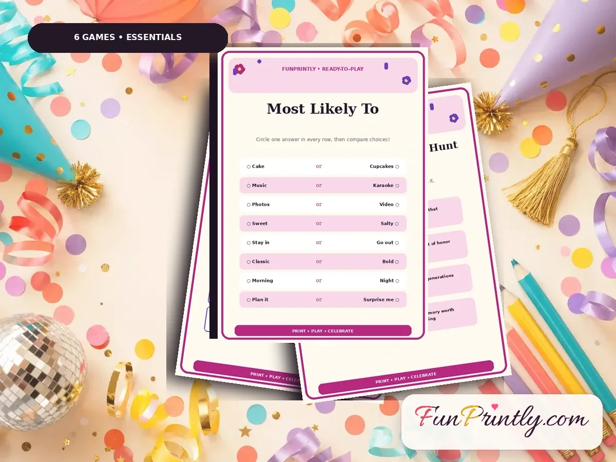 Bachelorette Party Essentials Pack preview showing real, filled game sheets on a celebration table