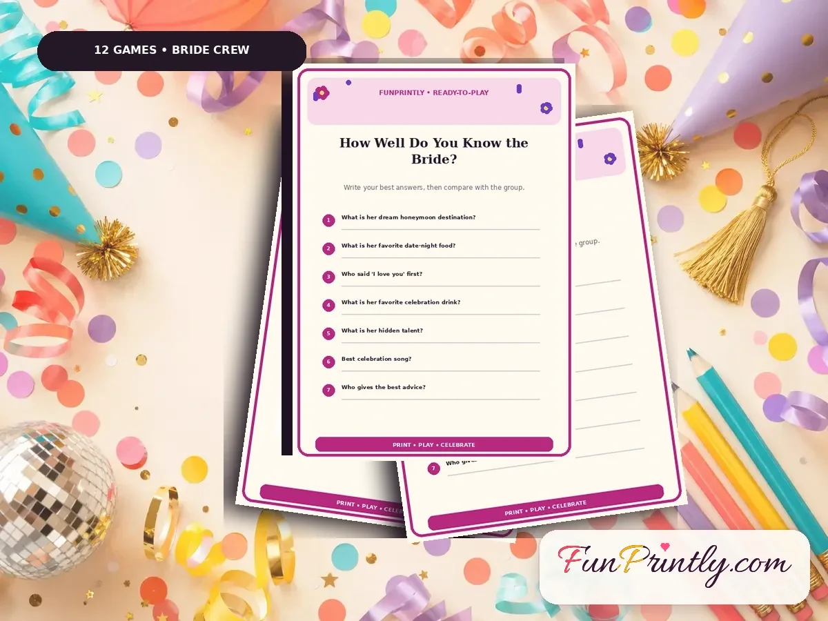 Bachelorette Party Bride Crew Pack preview showing real, filled game sheets on a celebration table