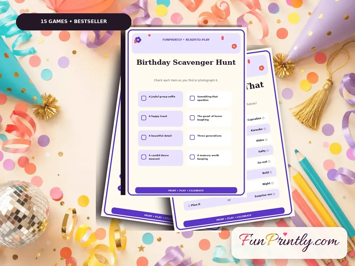 Birthday Party Complete Bundle preview showing real, filled game sheets on a celebration table