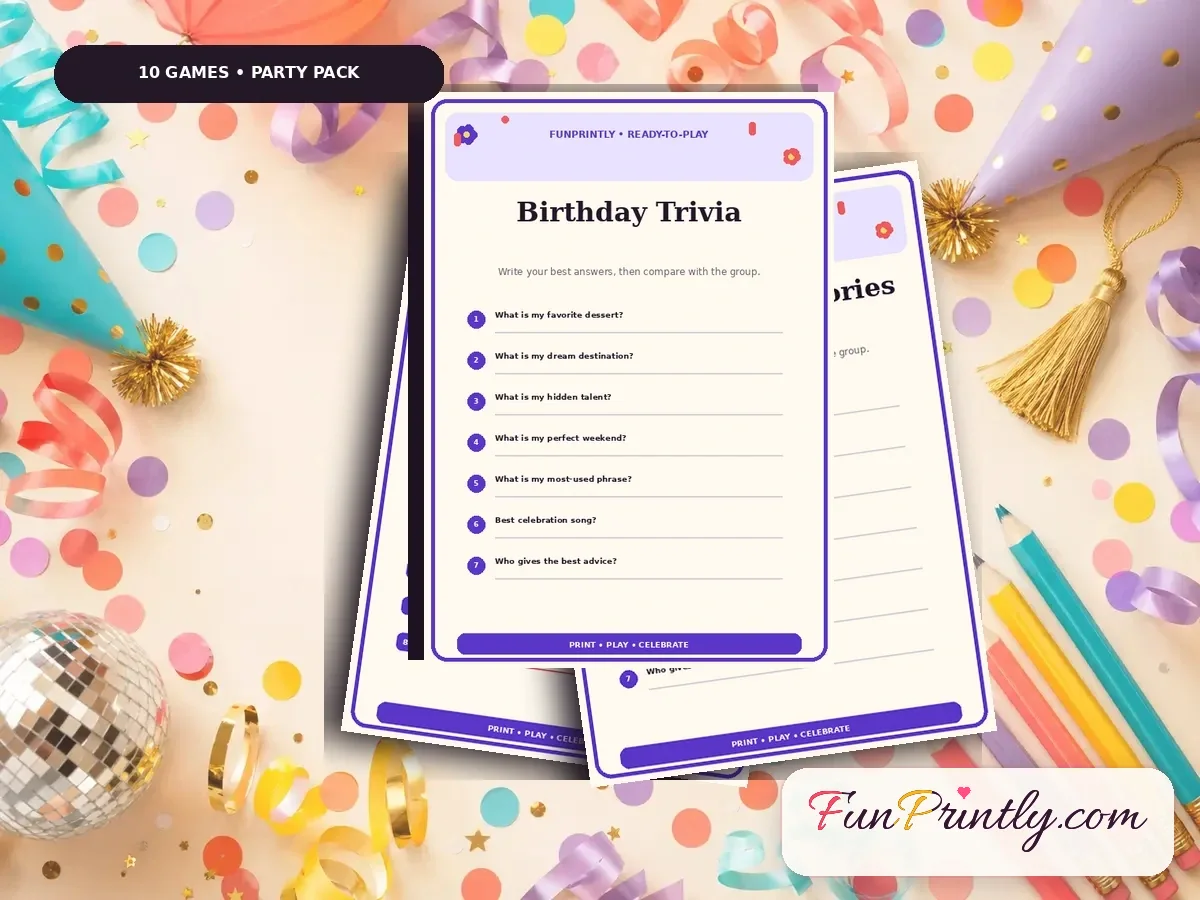 Birthday Party Party Pack preview showing real, filled game sheets on a celebration table