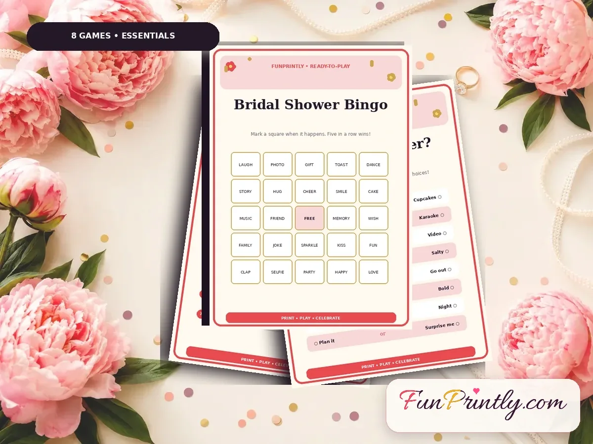 Bridal Shower Essentials Pack preview showing real, filled game sheets on a celebration table