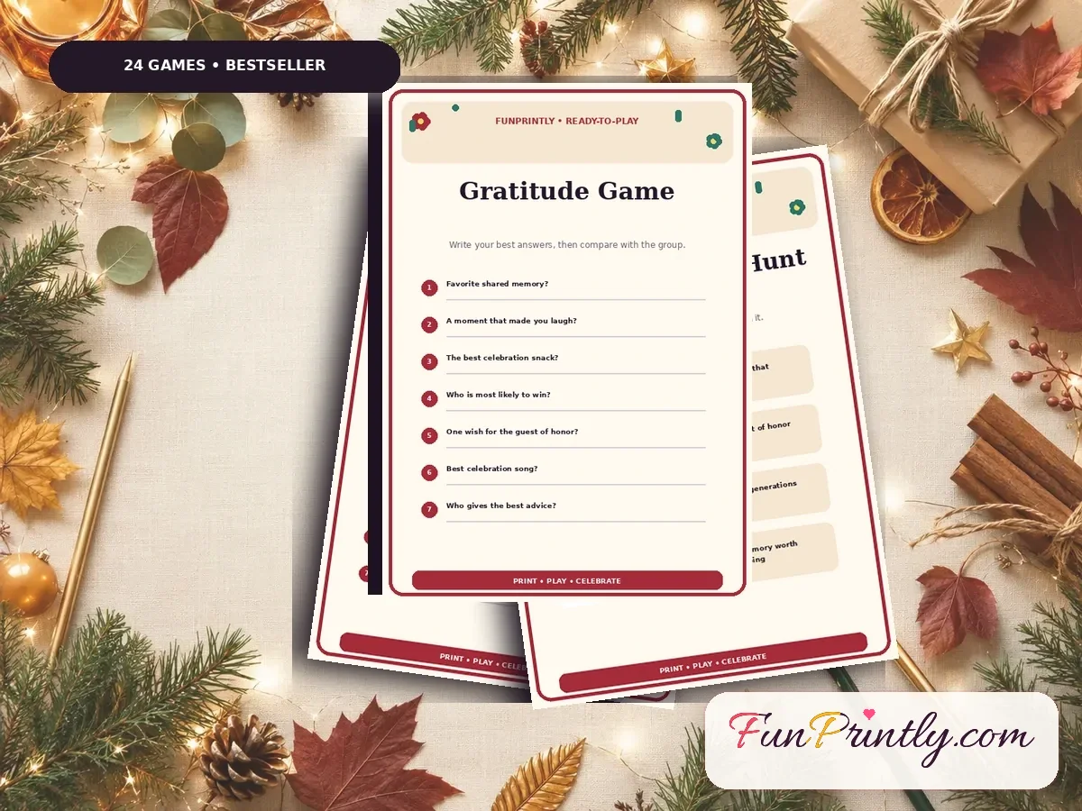 Family & Holiday Complete Bundle preview showing real, filled game sheets on a celebration table