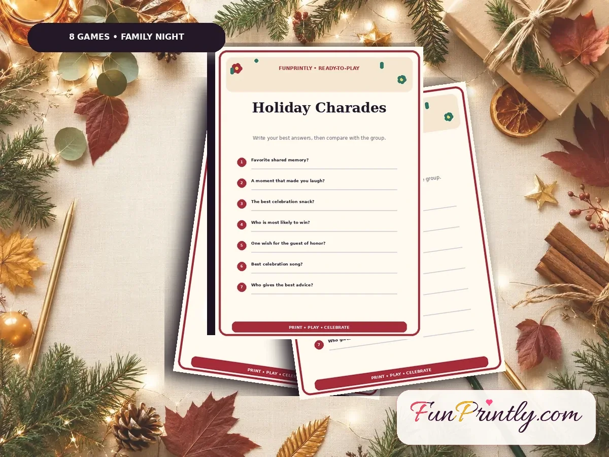 Family & Holiday Family Night Pack preview showing real, filled game sheets on a celebration table