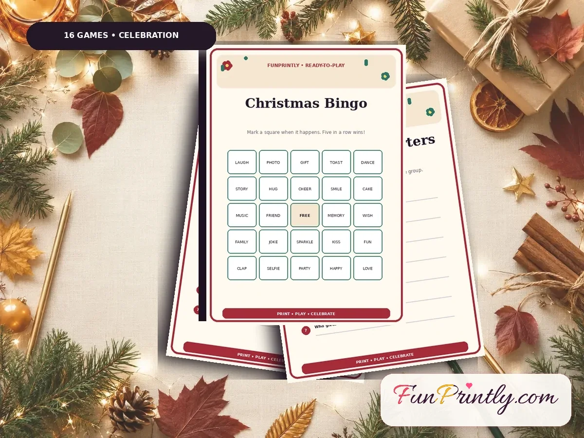 Family & Holiday Celebration Pack preview showing real, filled game sheets on a celebration table