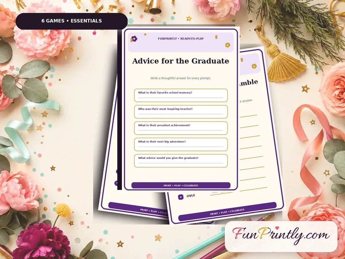 Graduation Party Essentials Pack preview showing real, filled game sheets on a celebration table