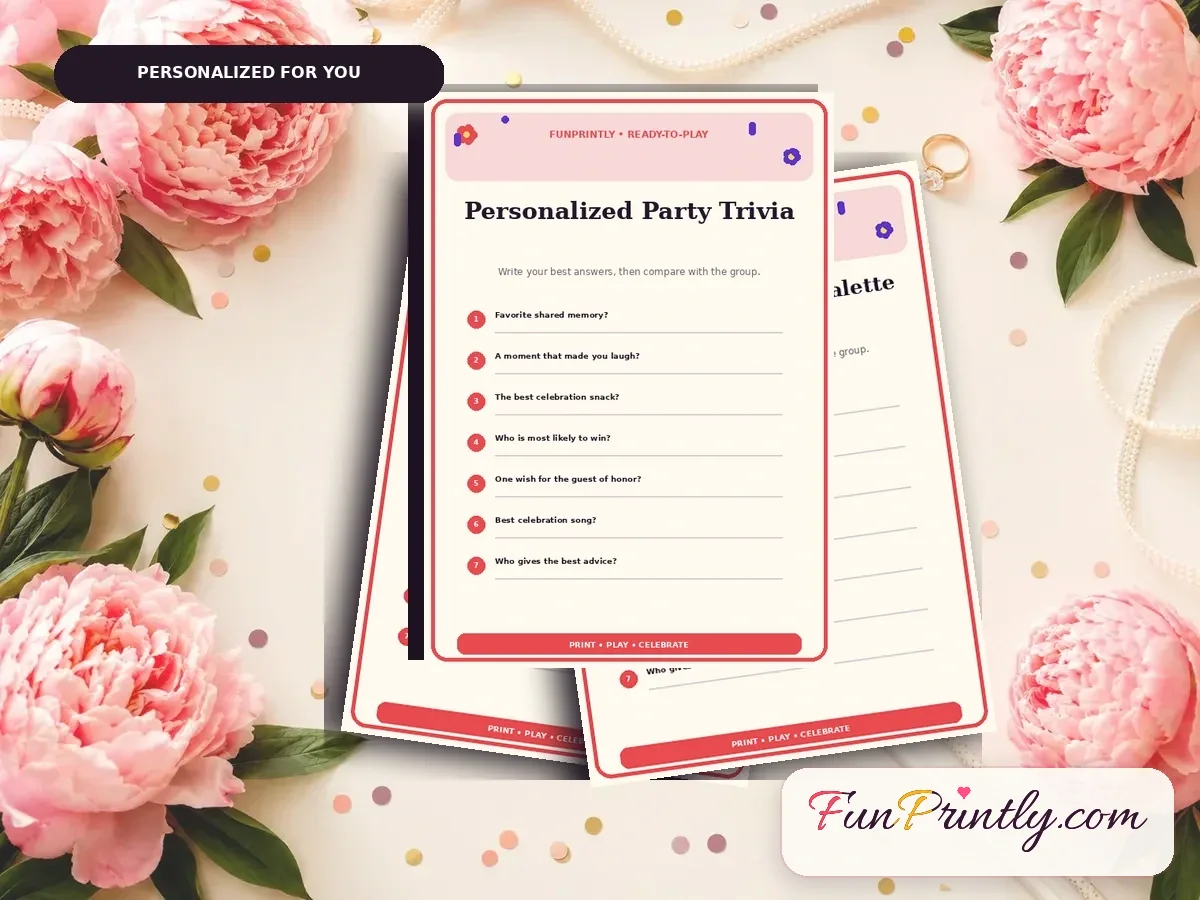 Personalized Game Pack preview showing real, filled game sheets on a celebration table