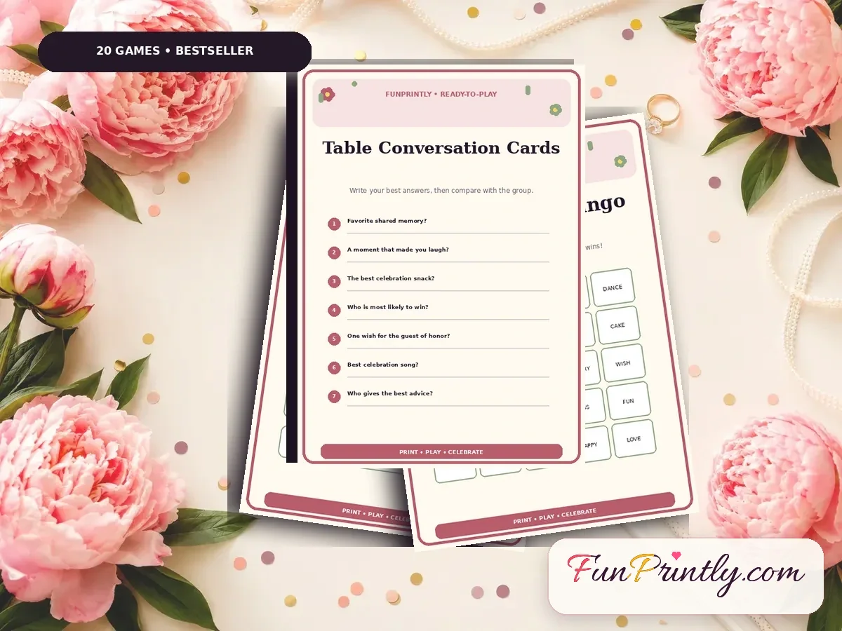 Wedding Reception Complete Bundle preview showing real, filled game sheets on a celebration table