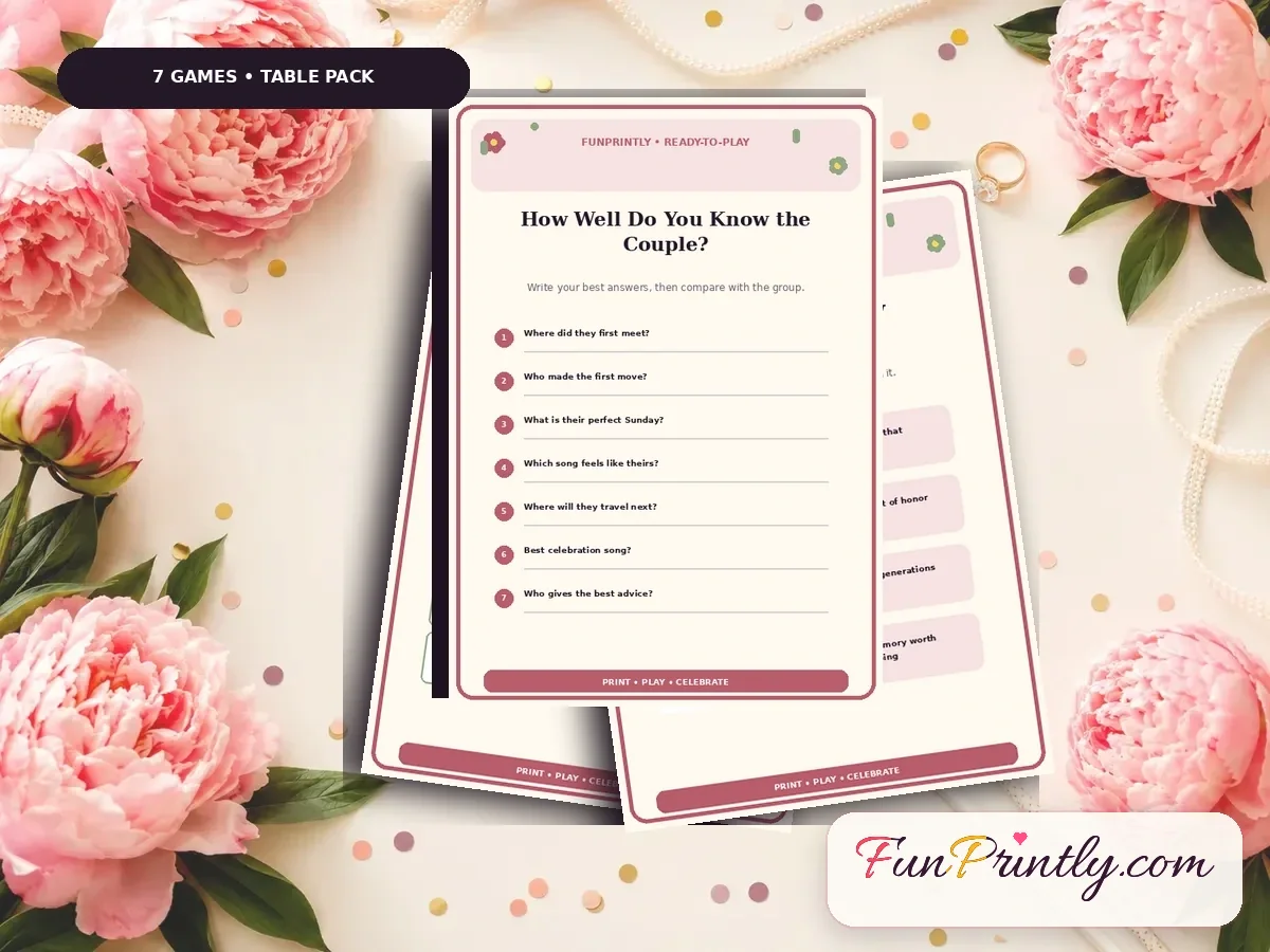 Wedding Reception Table Games Pack preview showing real, filled game sheets on a celebration table