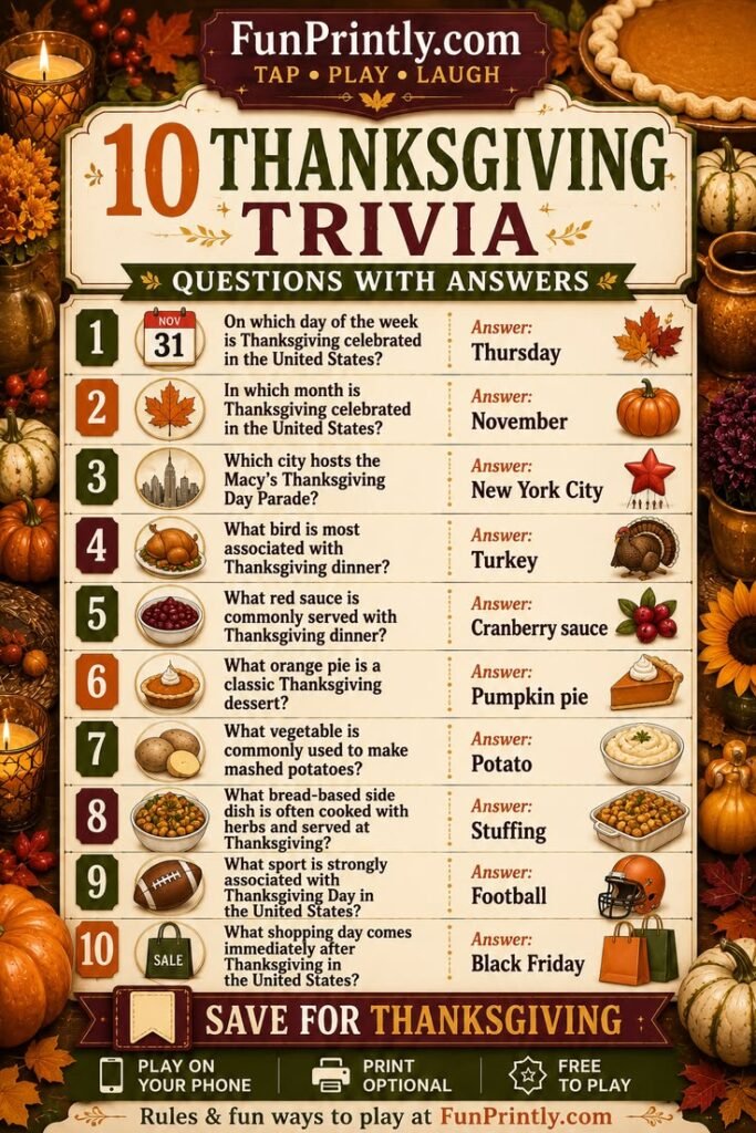 Thanksgiving trivia questions game by FunPrintly
