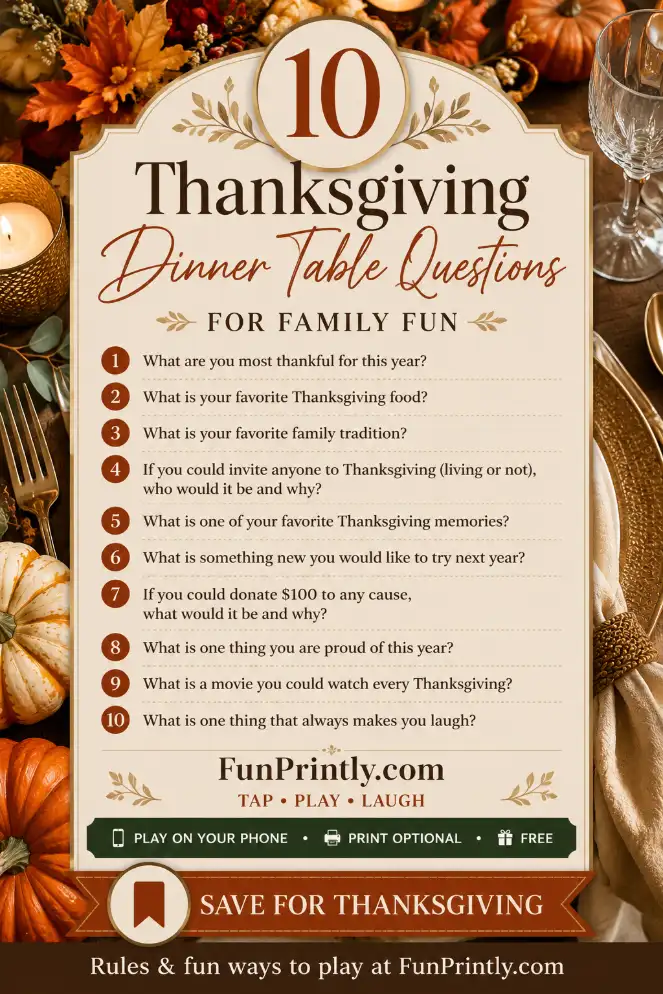 Thanksgiving Dinner Table Questions game by FunPrintly