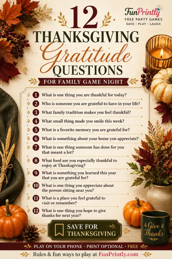 Thanksgiving Gratitude Questions game by FunPrintly