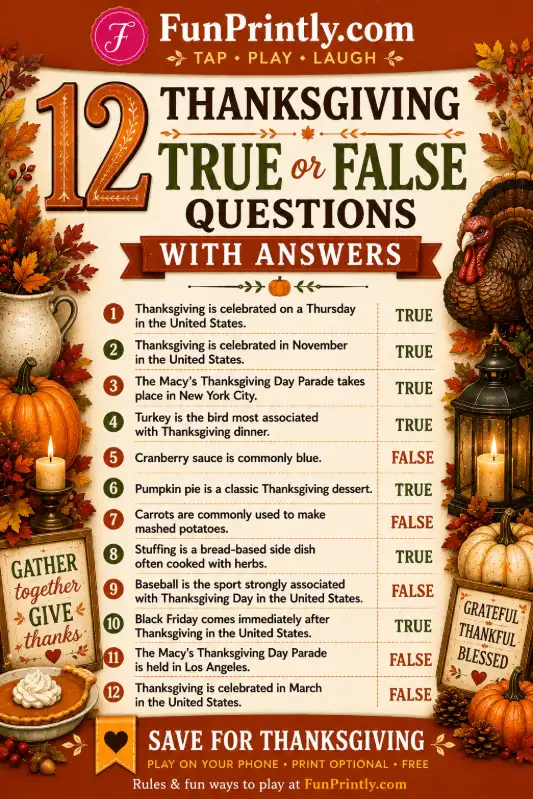 Thanksgiving True or False Questions game by FunPrintly