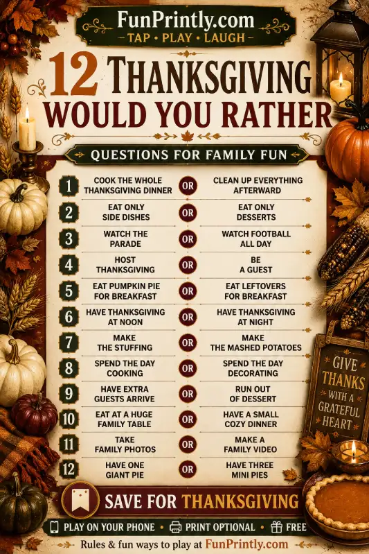 Thanksgiving Would You Rather questions game by FunPrintly