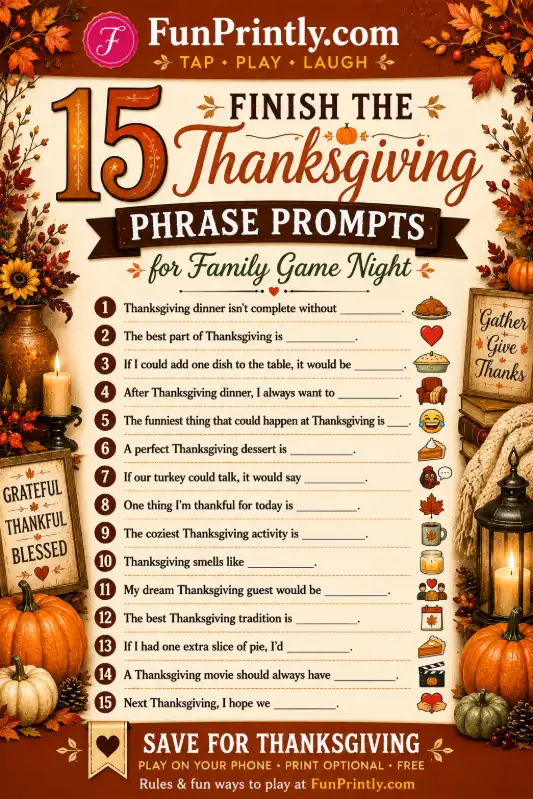 Finish the Thanksgiving Phrase Prompts game by FunPrintly