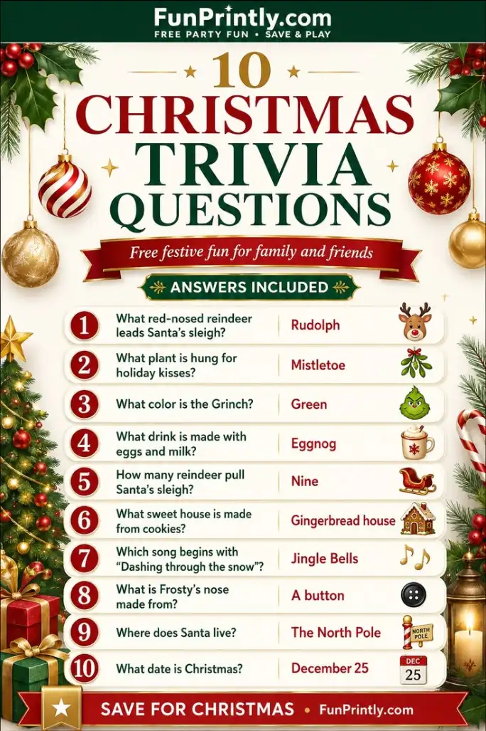 Christmas trivia questions game by FunPrintly