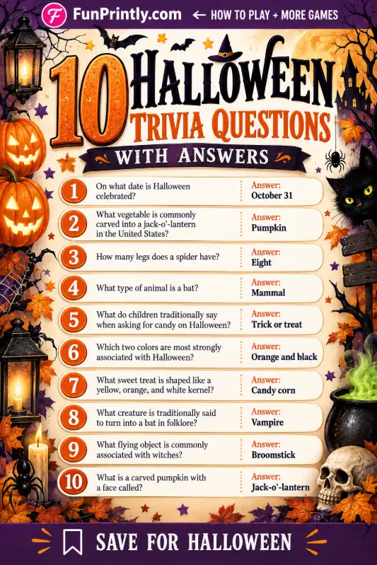 Halloween trivia questions game by FunPrintly