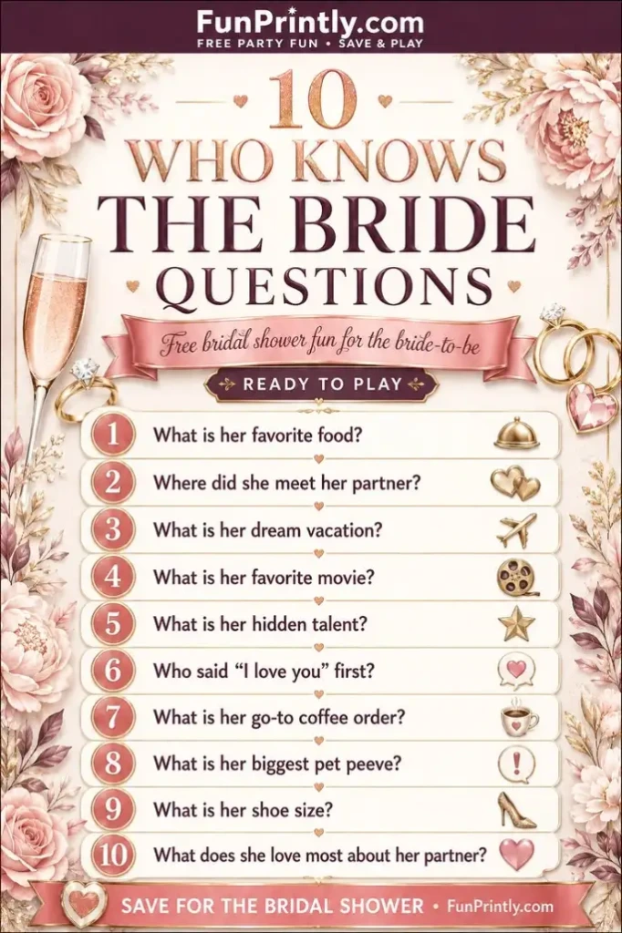 Who Knows the Bride Questions game by FunPrintly
