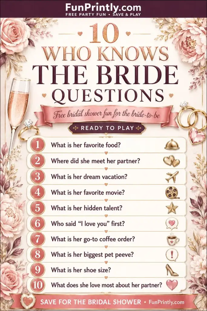 Who Knows the Bride Questions game by FunPrintly