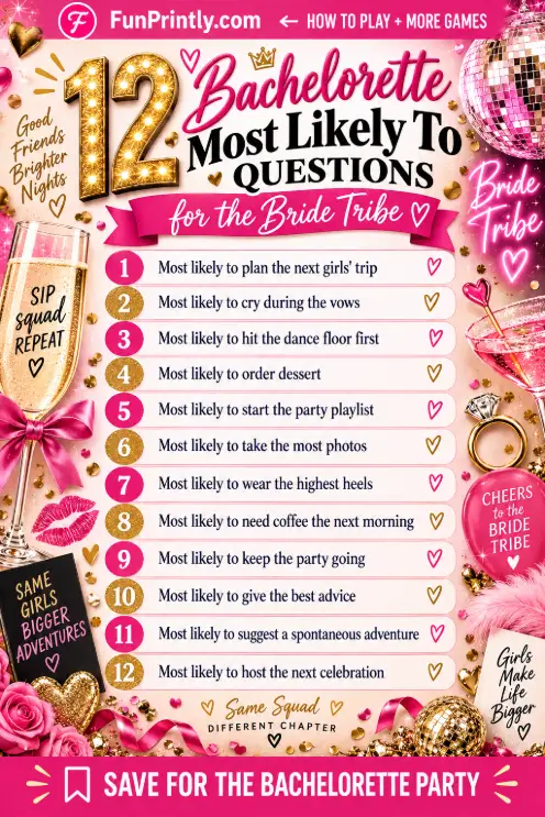 Bachelorette Most Likely To questions game by FunPrintly