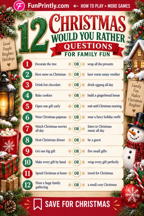 Christmas Would You Rather questions game by FunPrintly