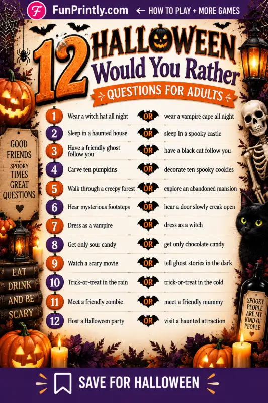 Halloween Would You Rather questions game by FunPrintly