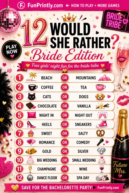 Would She Rather questions game by FunPrintly