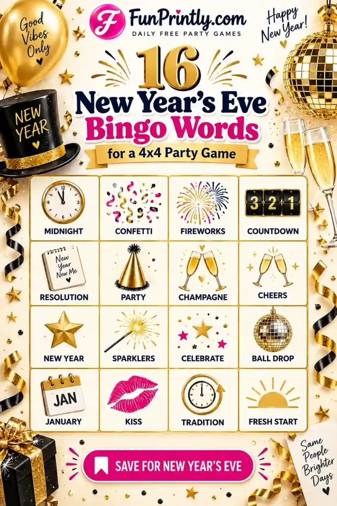 16 New Year's Eve Bingo Words for a 4x4 Party Game