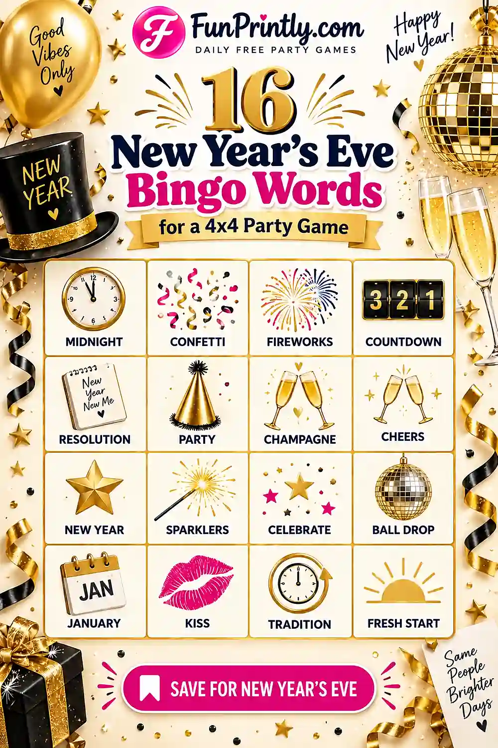 16 New Year's Eve Bingo Words for a 4x4 Party Game