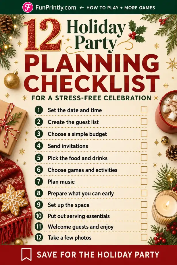 Holiday party planning checklist game by FunPrintly